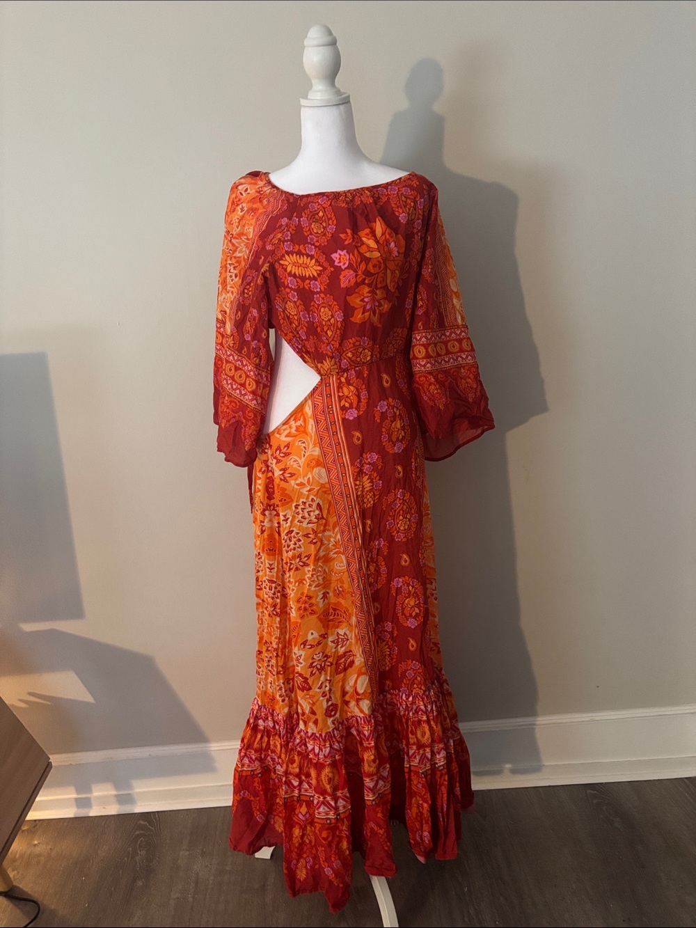 FARM Rio Red and Orange Floral Cutout Boho Maxi Dress